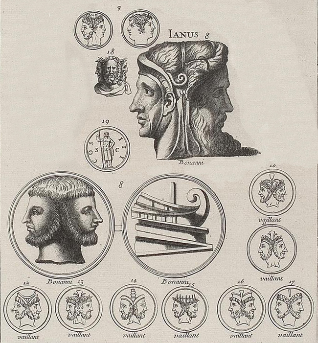 Engraving of Janus, the two-faced Roman god
